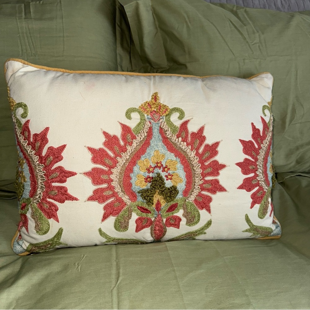 Pier 1 Accent Throw Pillow Embroidered Pink Green 19”x13” - Picture 2 of 5
